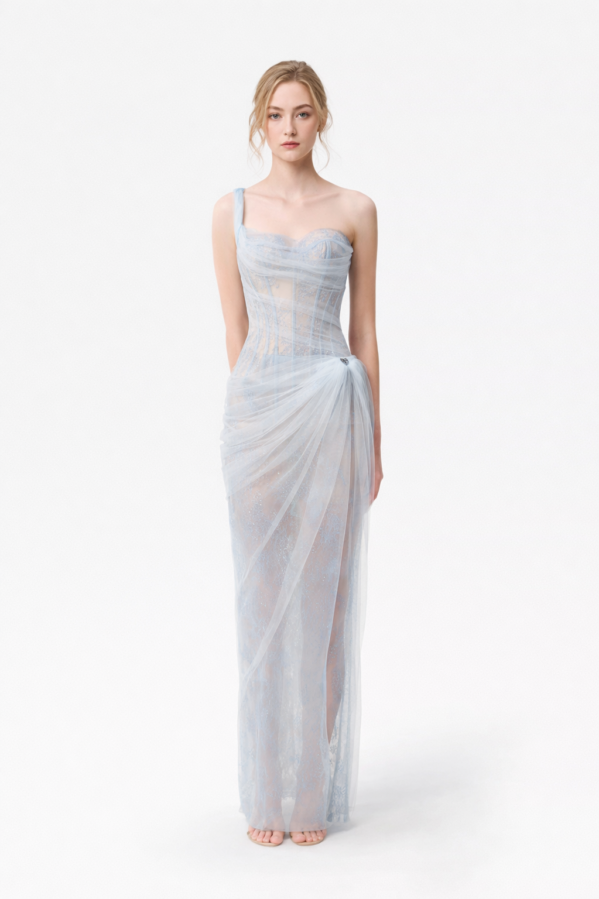 Champagne Illusion Corset Gown – Sheer Draped Evening Dress