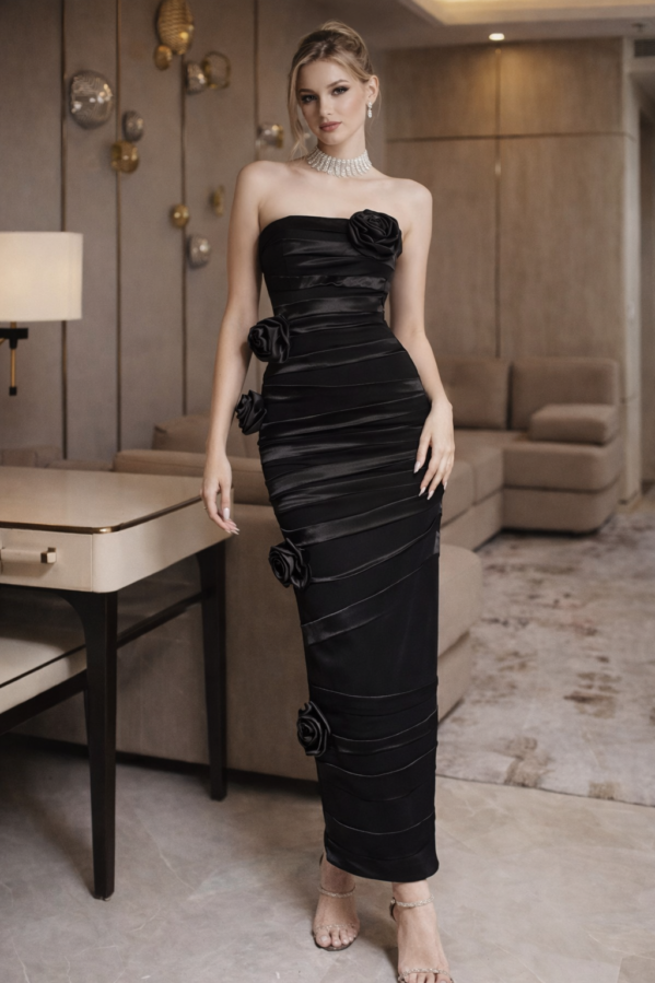 Ivory Rosette Sculpt Strapless Evening Gown