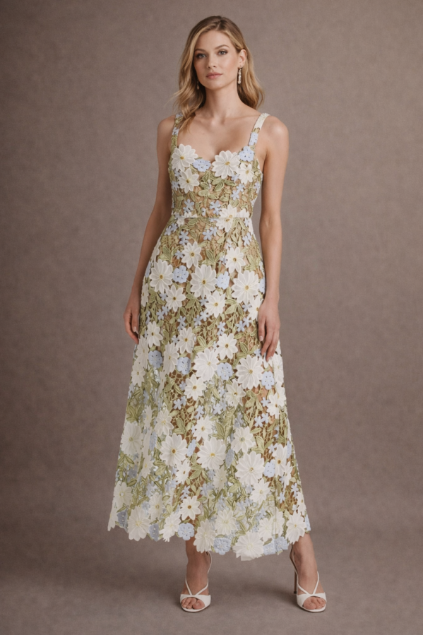 Meadow Bloom 3D Floral Lace Midi Dress