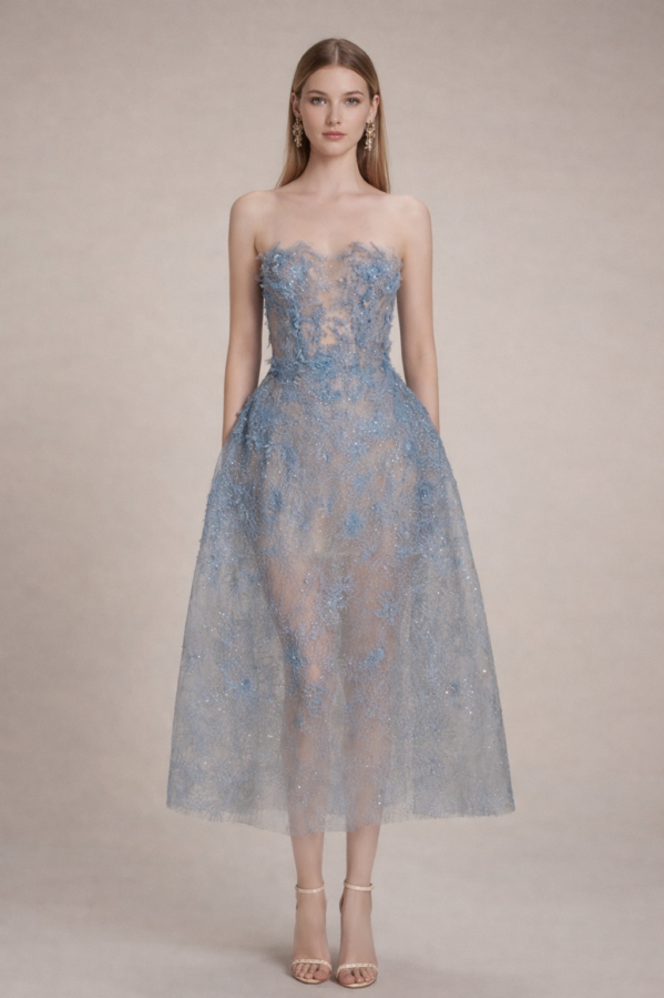 Rosé Lumière Strapless Lace Midi Dress