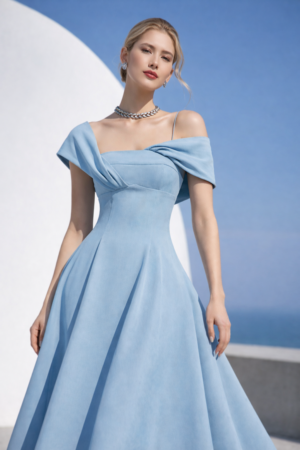 Scarlet Off-Shoulder A-Line Evening Gown – Structured Couture Midi Dress