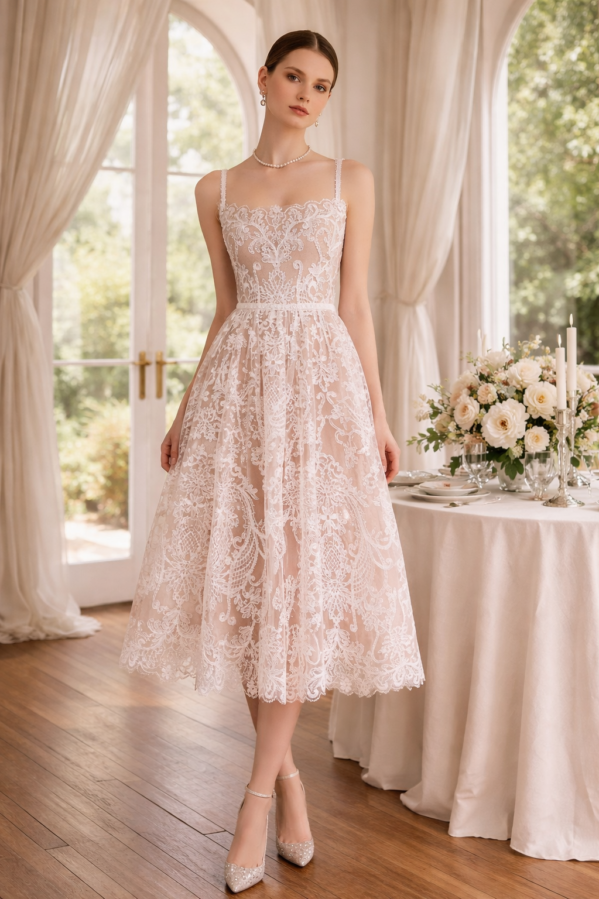 Ivory Lace Tea-Length Dress – Romantic Embroidered Midi Couture
