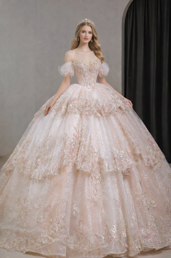 The "Elowen" Grand Ball Gown: Shimmering Rose-Gold Tiered Tulle Gown with Hand-Appliquéd Crystals & 3D Florals