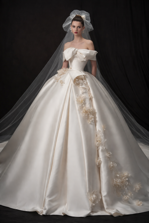 The "Isabella" Grande Ball Gown: Timeless Off-the-Shoulder Satin Dress with Hand-Crafted 3D Florals Signature Bow