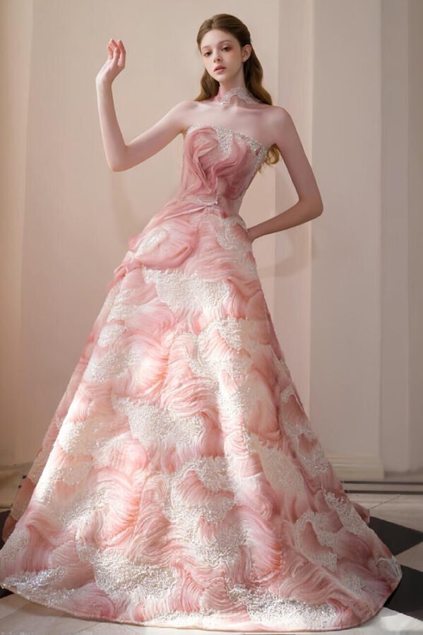 The "Seraphina" Gown: Exquisite Rose-Water Embossed Satin Dress with Shimmering Sequin Accents