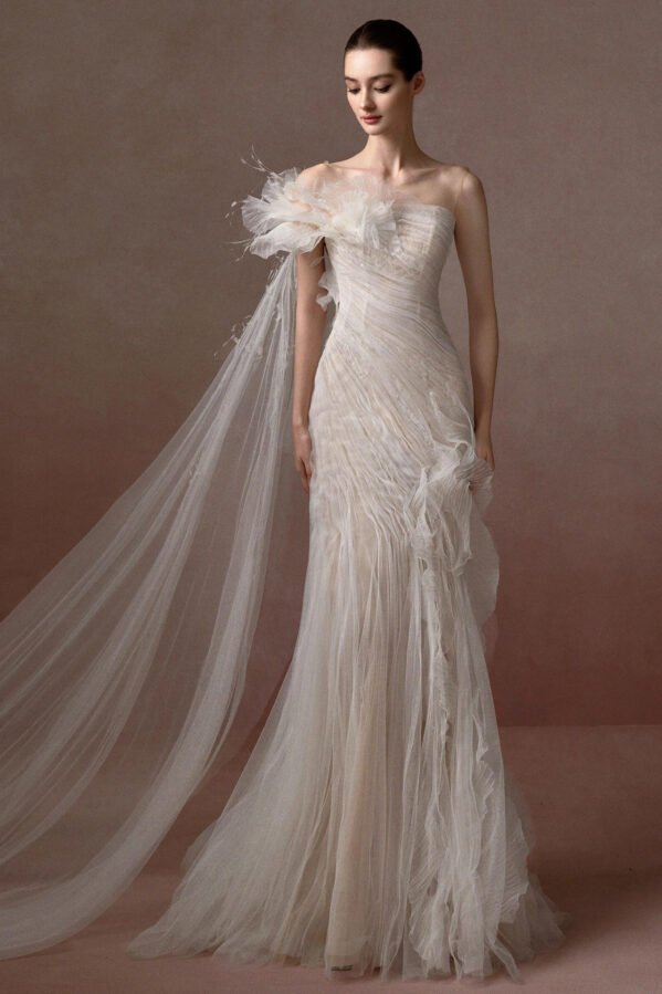 The "Lyra" Gown: Hand-Pleated Ethereal Tulle Mermaid Dress with Sculptural One-Shoulder Drape