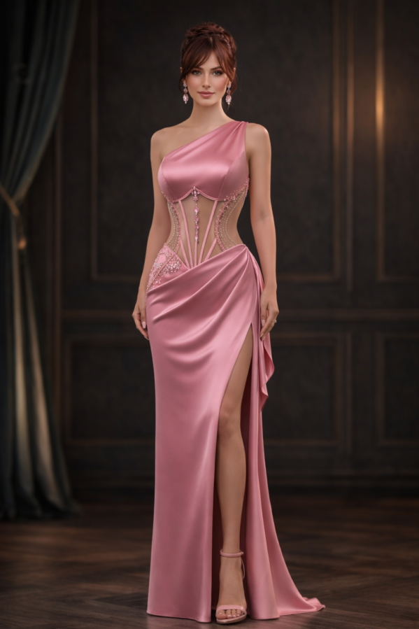 Blush Illusion Corset Satin Gown