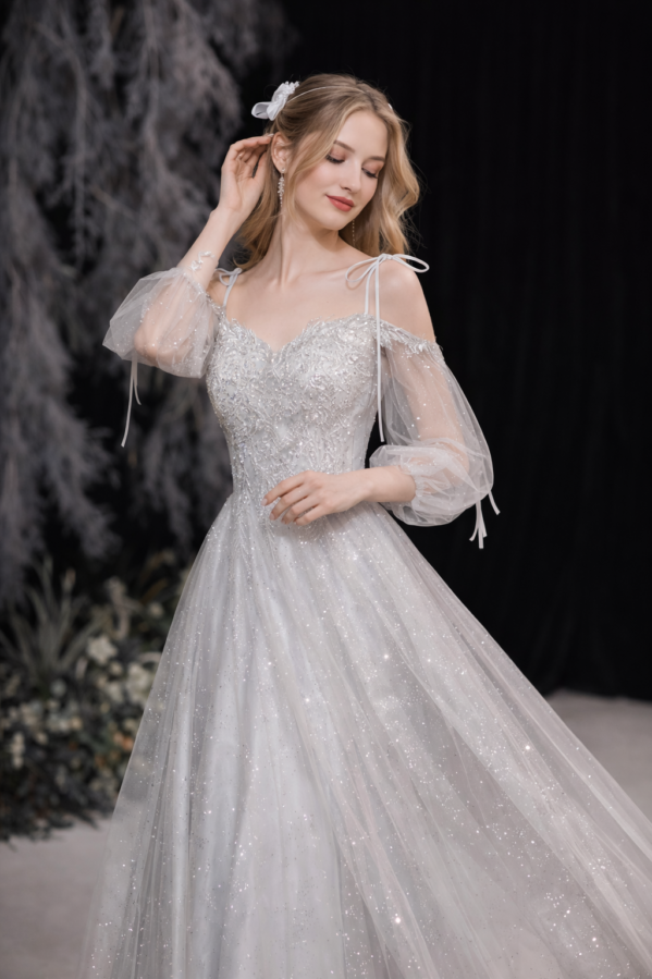 Moonlit Étoile – Silver Stardust Off-Shoulder Gown