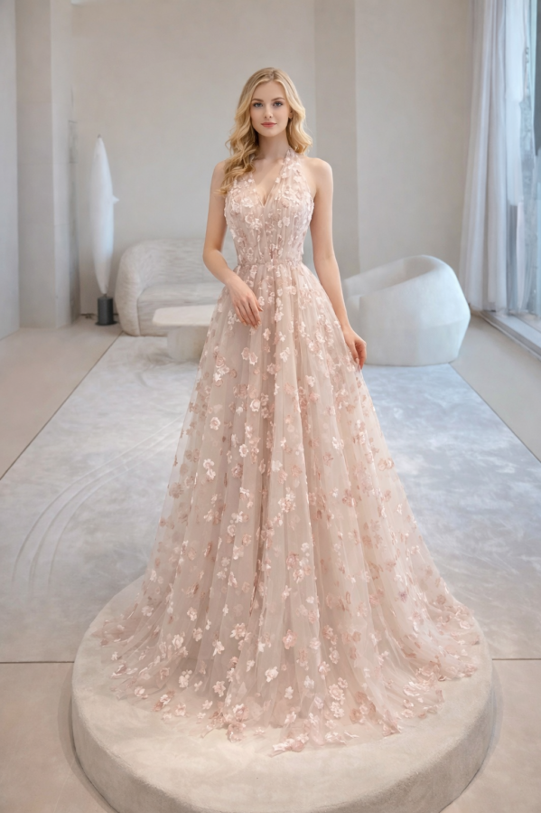 Roselle Whisper – Blush Floral Halter Evening Gown