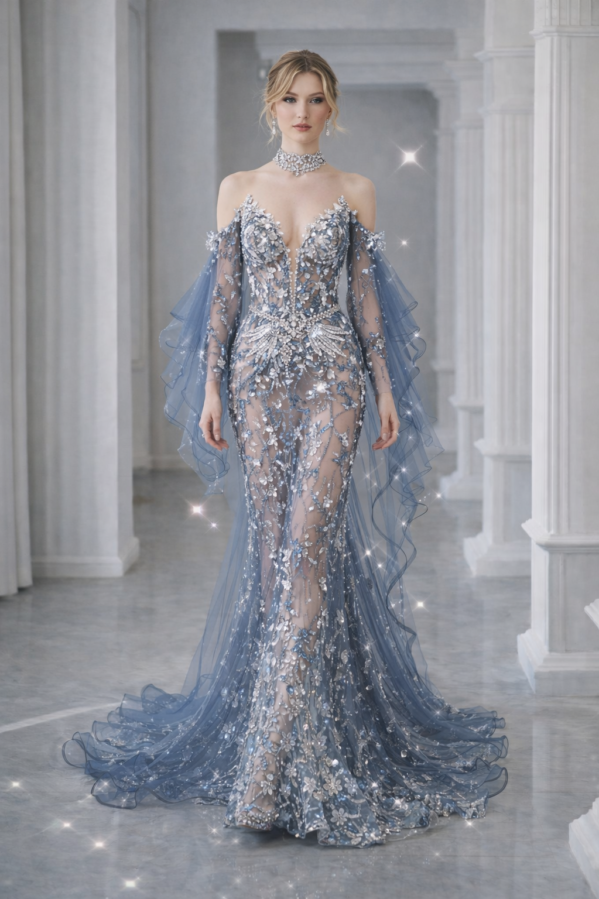 Celestial Ice Illusion Mesh Mermaid Gown – Blue Crystal Embroidery Couture Dress