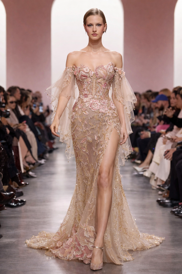 Blush Petal Illusion Mermaid Gown – Floral Embroidered Couture Evening Dress with Flutter Sleeves