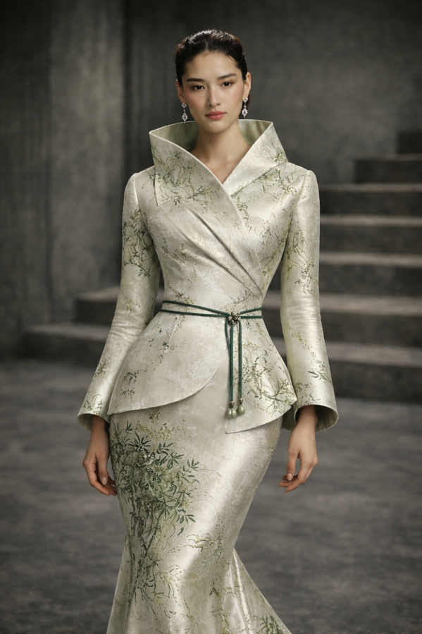 Emerald Bamboo Couture Set Evening Gown | Luxury Bamboo Jacquard Dress | Modern Oriental Designer Dress