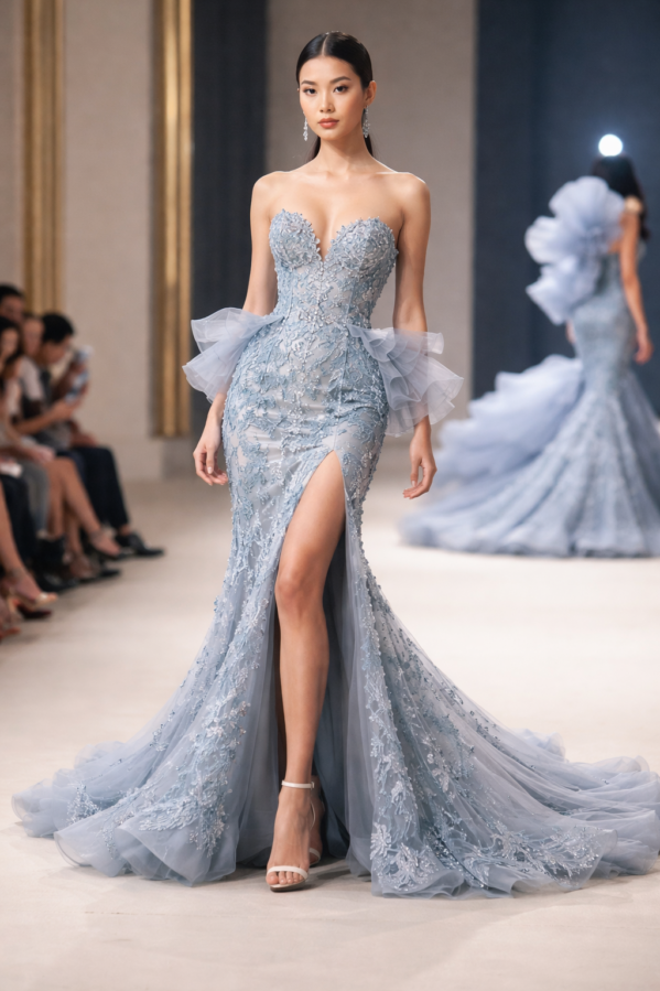 Silver Mist Runway Couture Gown – Strapless Lace Evening Dress with Ruffle Tulle Sleeves and High Slit