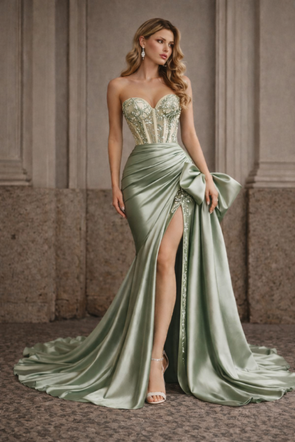 Sage Silk Corset Evening Gown – Strapless Couture Dress with High Slit, Bow Train