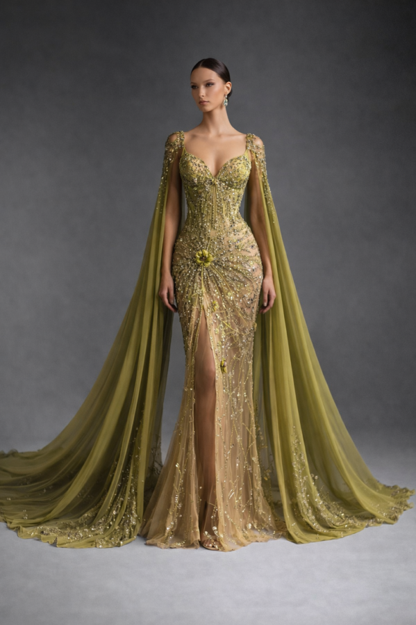 Emerald Goddess Couture Gown – Crystal Beaded Illusion Evening Dress with Flowing Cape Train