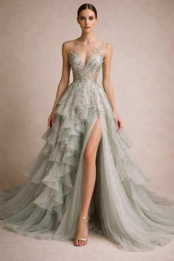 Sage Whisper Floral Illusion Couture Gown – Romantic Ruffle High Slit Evening Dress