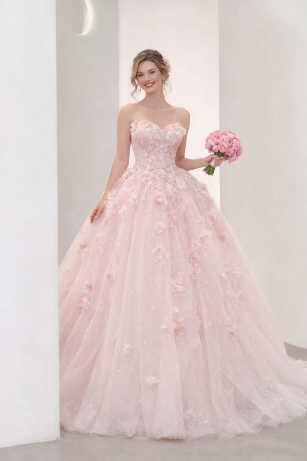 Blushing Garden Princess Gown – Pink 3D Floral Tulle Strapless Ball Gown