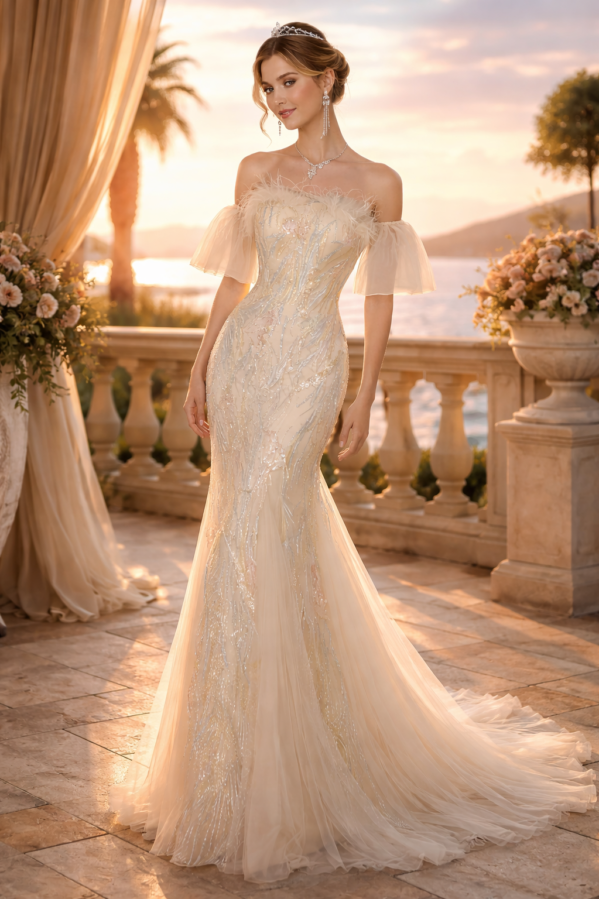 Golden Hour Feather Couture Gown – Champagne Illusion Beaded Mermaid Dress