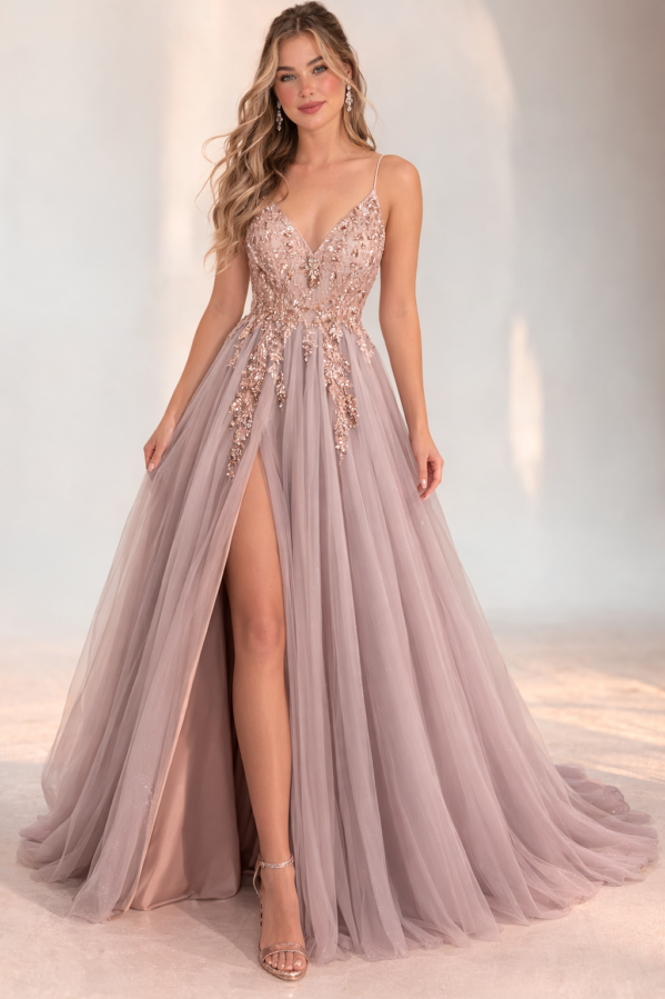 Dusty Rose Tulle Prom Dress with Slit – Blush Pink Beaded Evening Gown – V Neck Formal Dress – Romantic Wedding Guest Dress