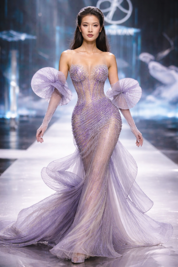 Lavender Illusion Corset Mermaid Gown – Couture Crystal Evening Dress – Luxury Runway Inspired Prom Dress – Lavender Formal Gala Dress