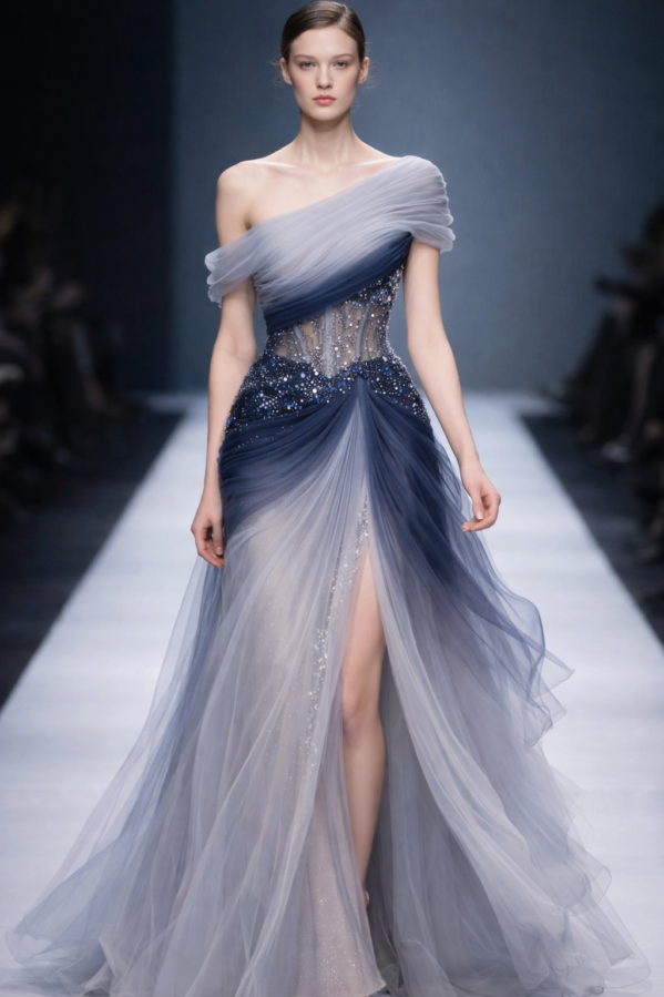Celestial Mist Illusion Corset Evening Gown – Blue Grey Gradient Couture Tulle Dress, Crystal Embellished Mermaid Formal Gown, Luxury Prom & Gala Dress